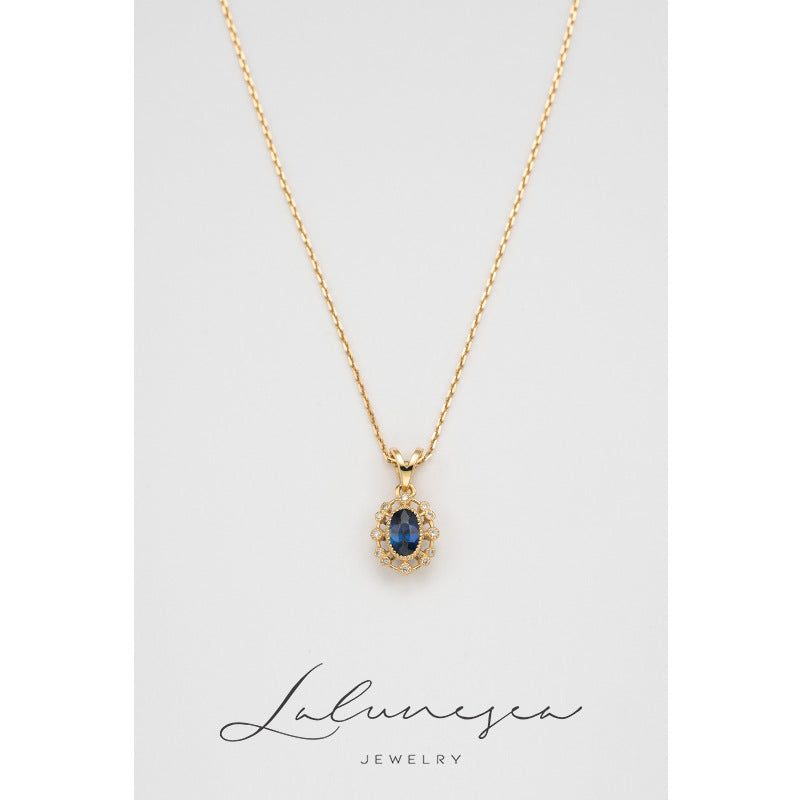 14K Gold Blue Oval Sapphire Necklace