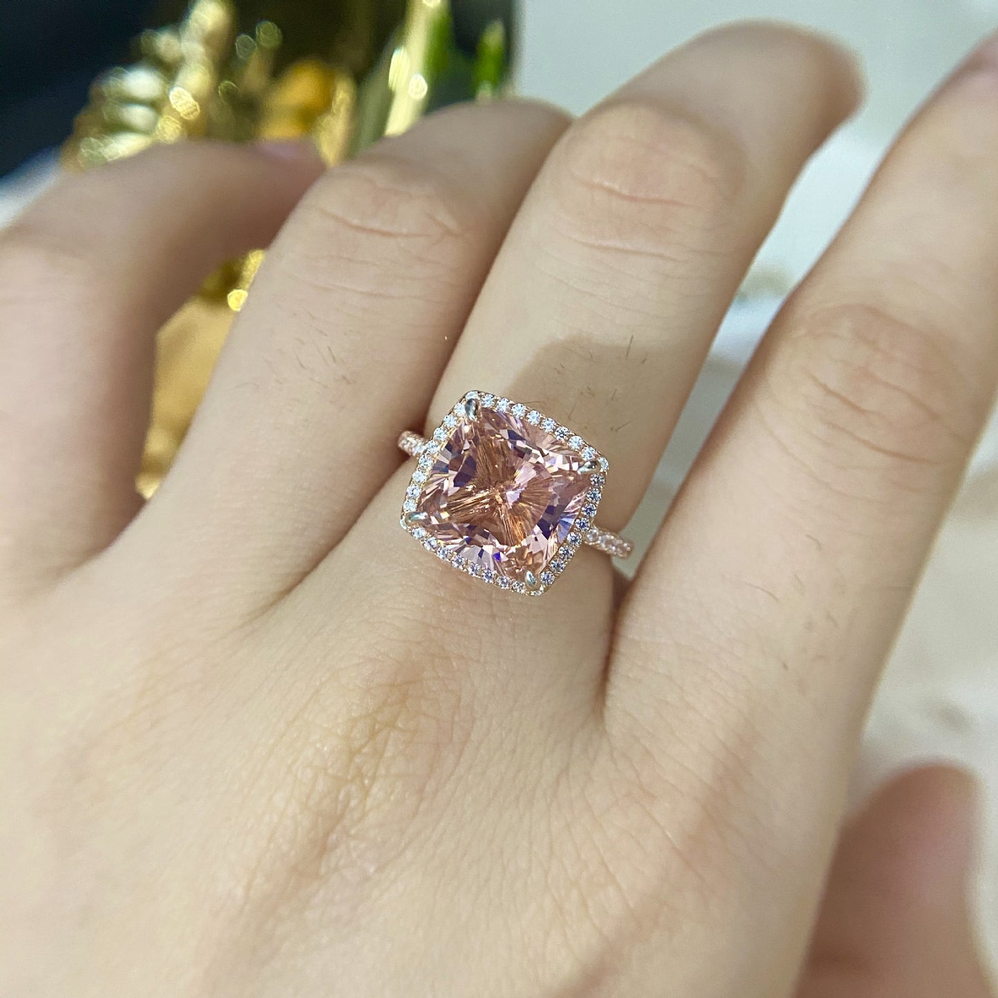 4Ct Rose Gold Halo Cushion Cut Pink Gemstone Bridal Ring