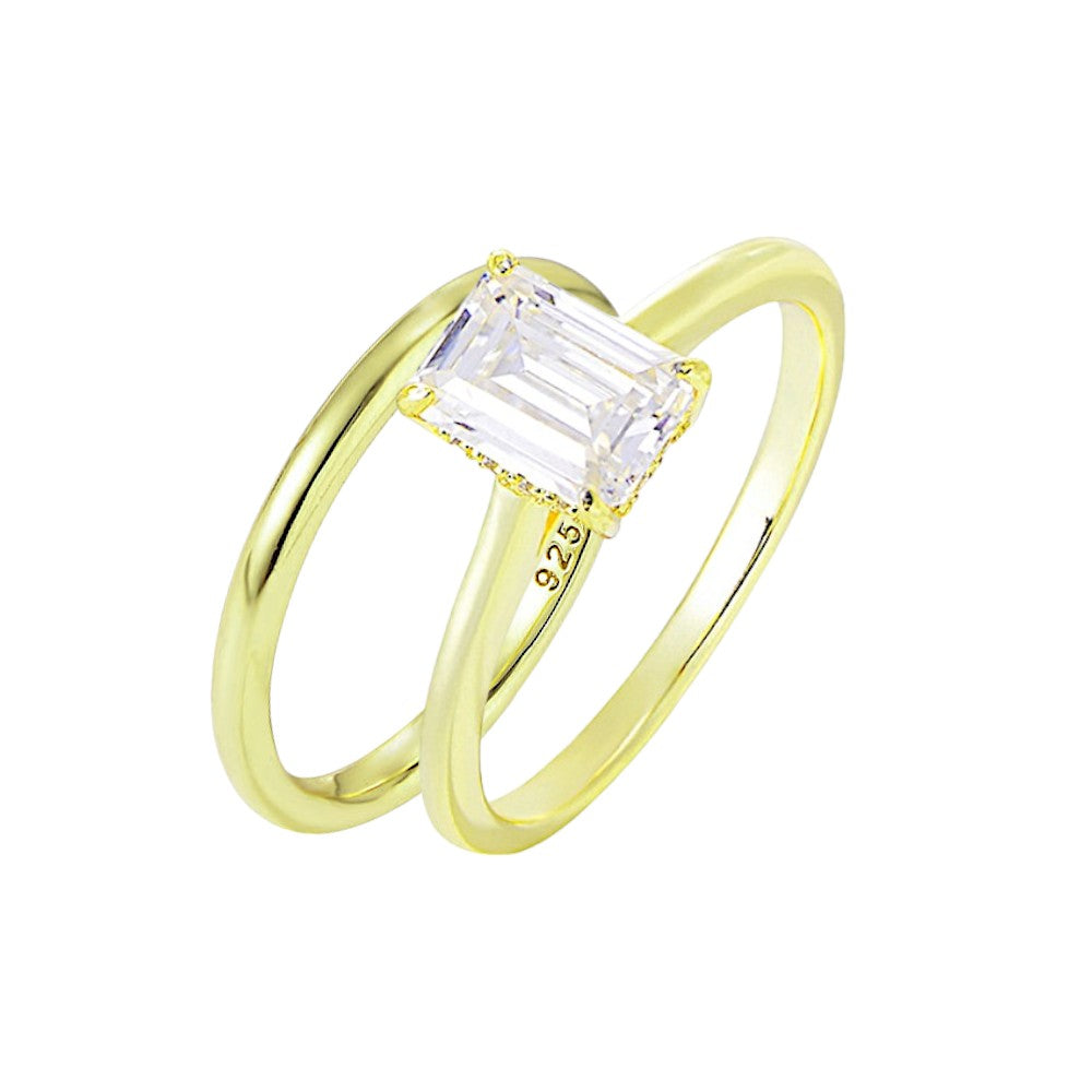 0.75Ct Gold Solitaire Emerald Cut Diamond Engagement Ring Set