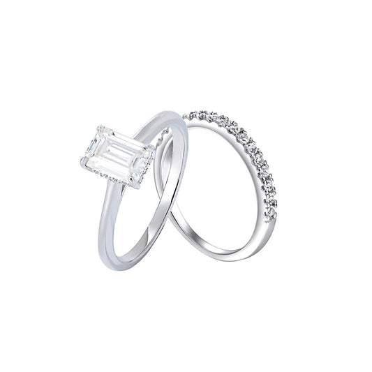 0.75Ct Silver Emerald Cut Gemstone Wedding Ring Set