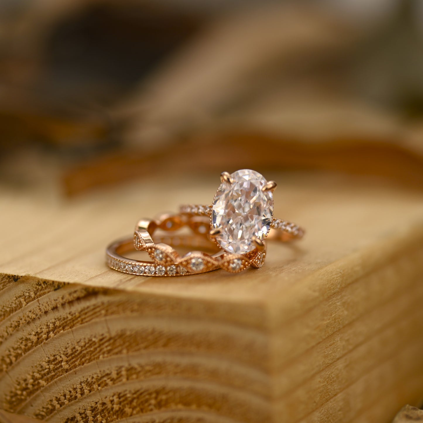 5.25Ct Rose Gold Oval Cut Diamond Engagement Ring Set