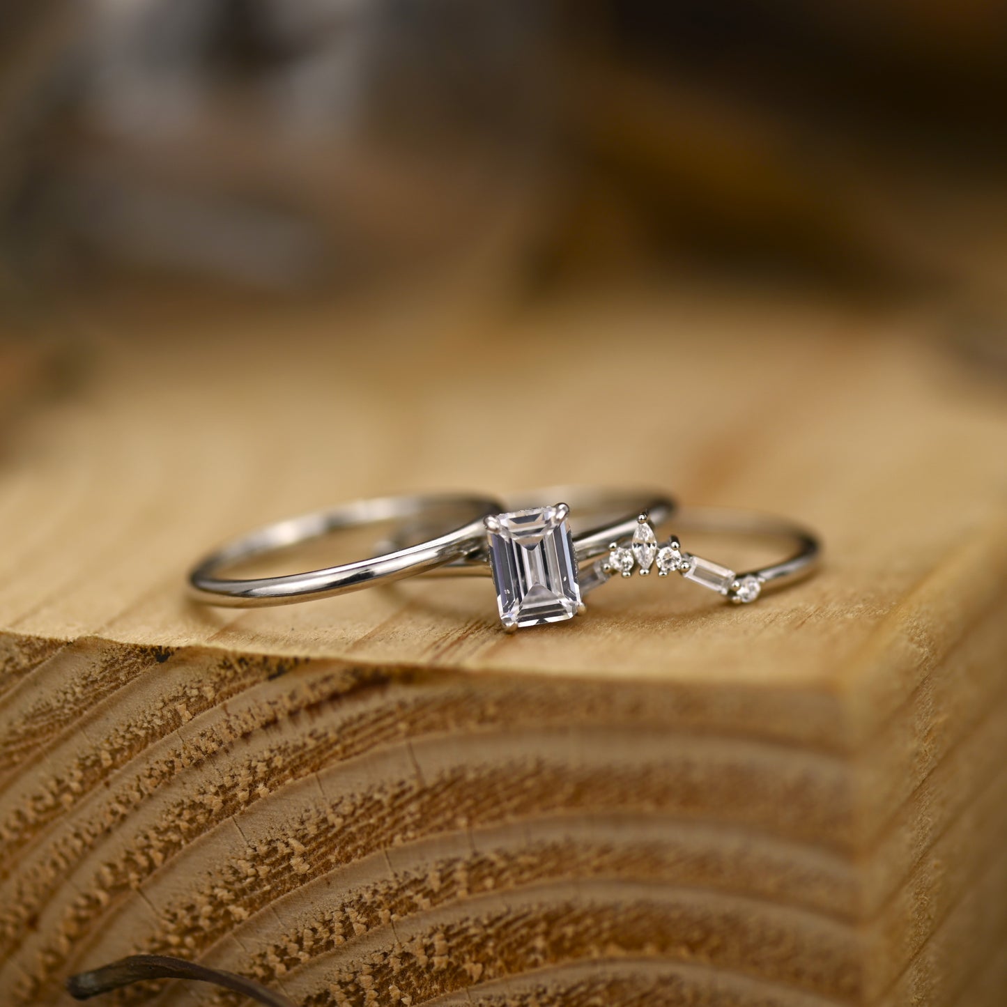 0.75Ct Silver Emerald Cut Wedding Ring Set
