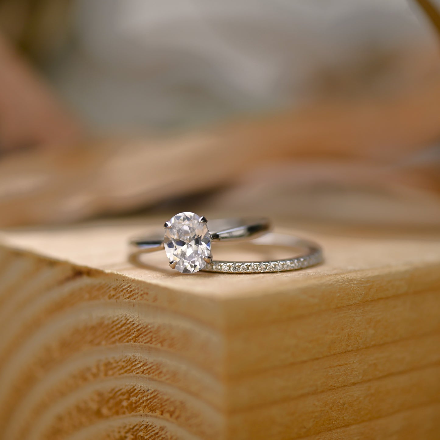 0.75Ct Silver Oval Cut Diamond Wedding Ring Set