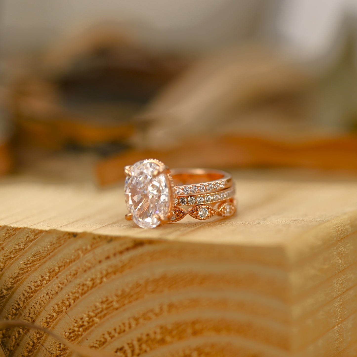 5.25Ct Rose Gold Oval Cut Diamond Engagement Ring Set