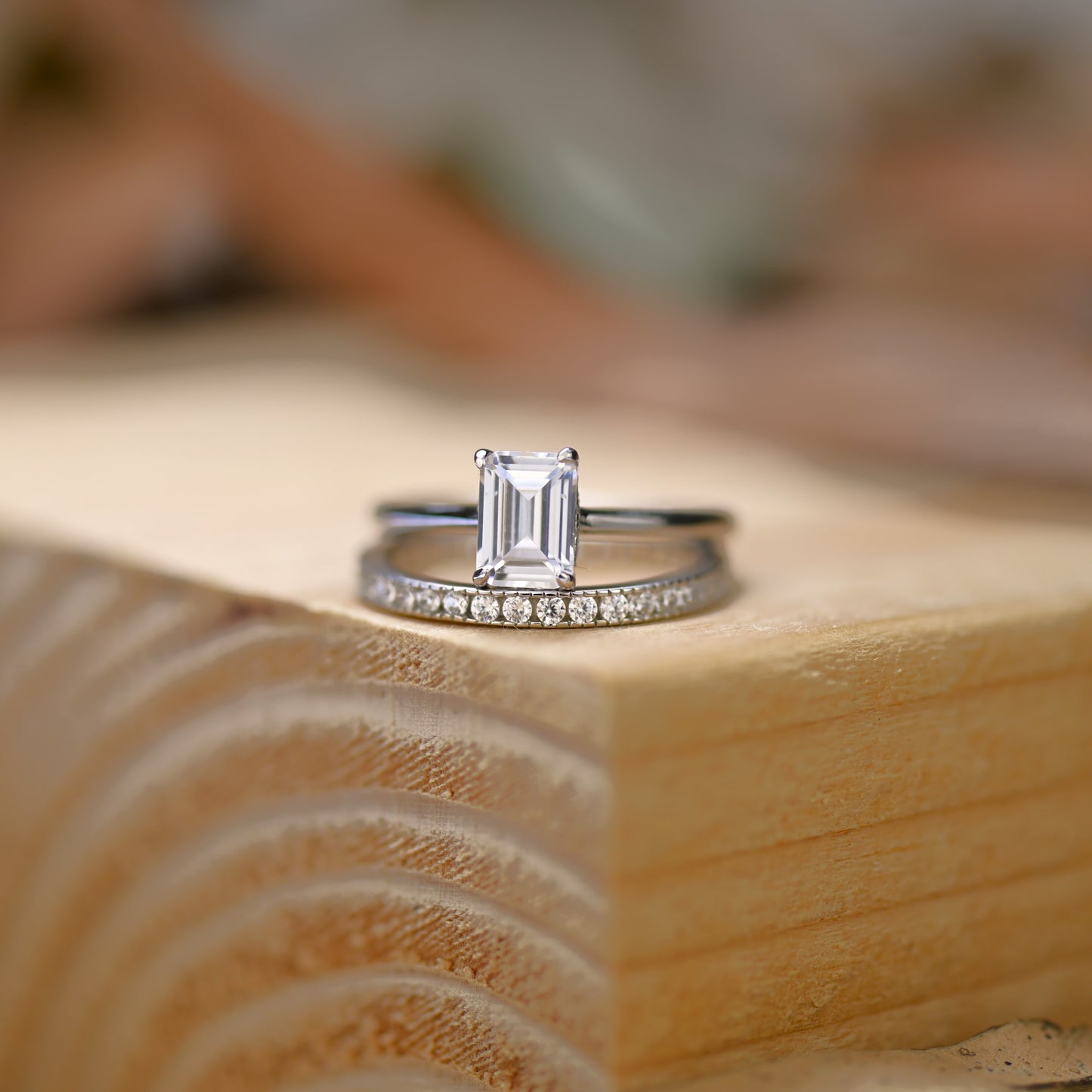 0.75Ct Silver Emerald Cut Gemstone Wedding Ring Set