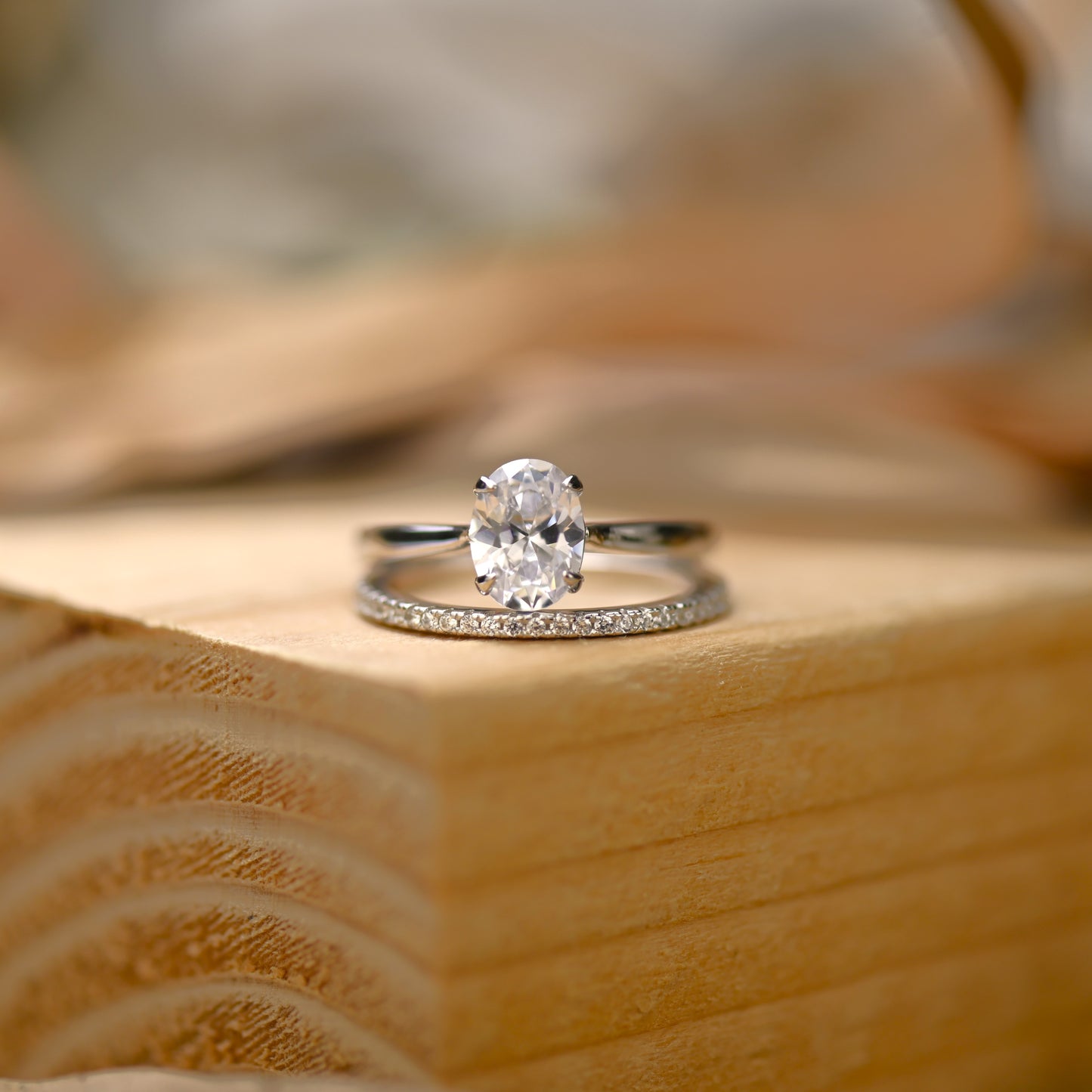 0.75Ct Silver Oval Cut Diamond Wedding Ring Set