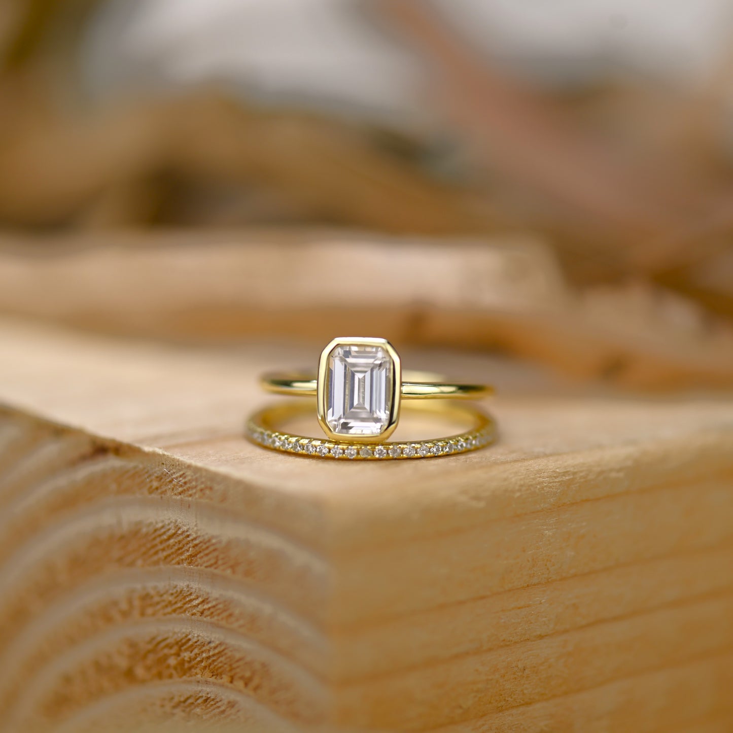 1.25Ct Gold Emerald Cut Diamond Engagement Ring Set