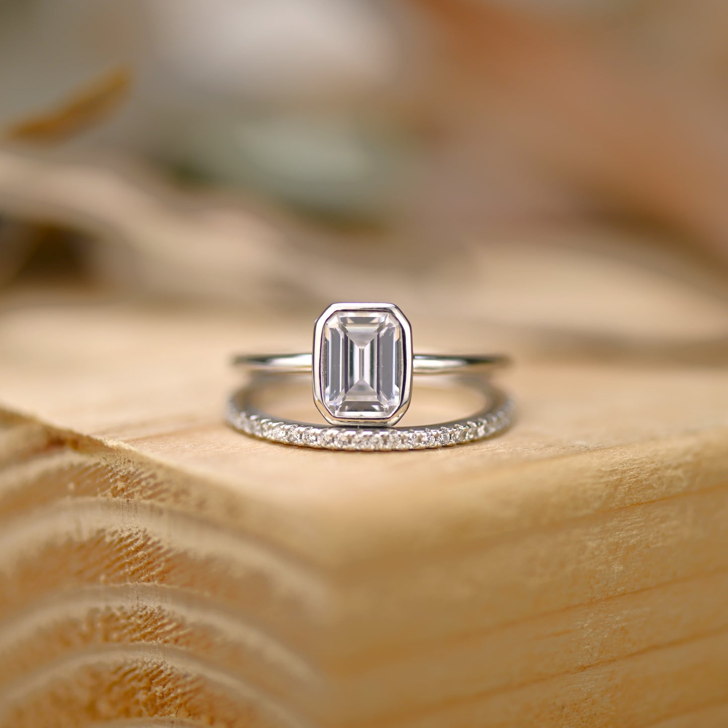1.25Ct Silver Emerald Cut Diamond Engagement Ring Set