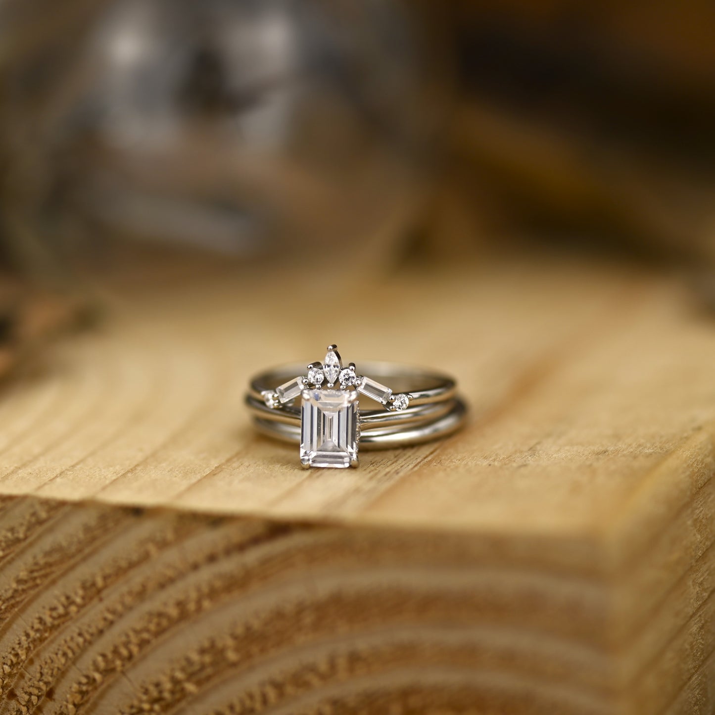 0.75Ct Silver Emerald Cut Wedding Ring Set