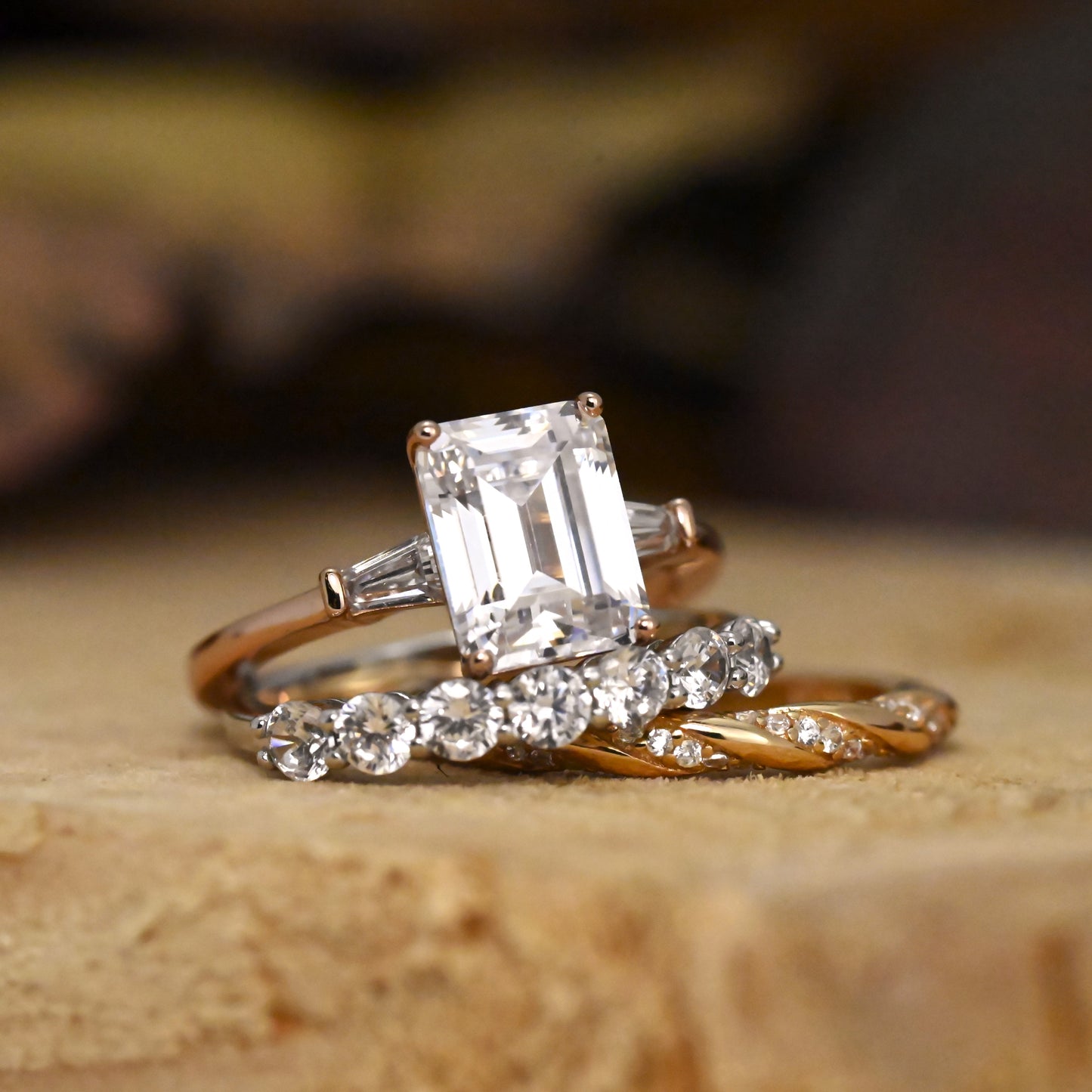2.25Ct Rose Gold Emerald Cut Wedding Ring Set