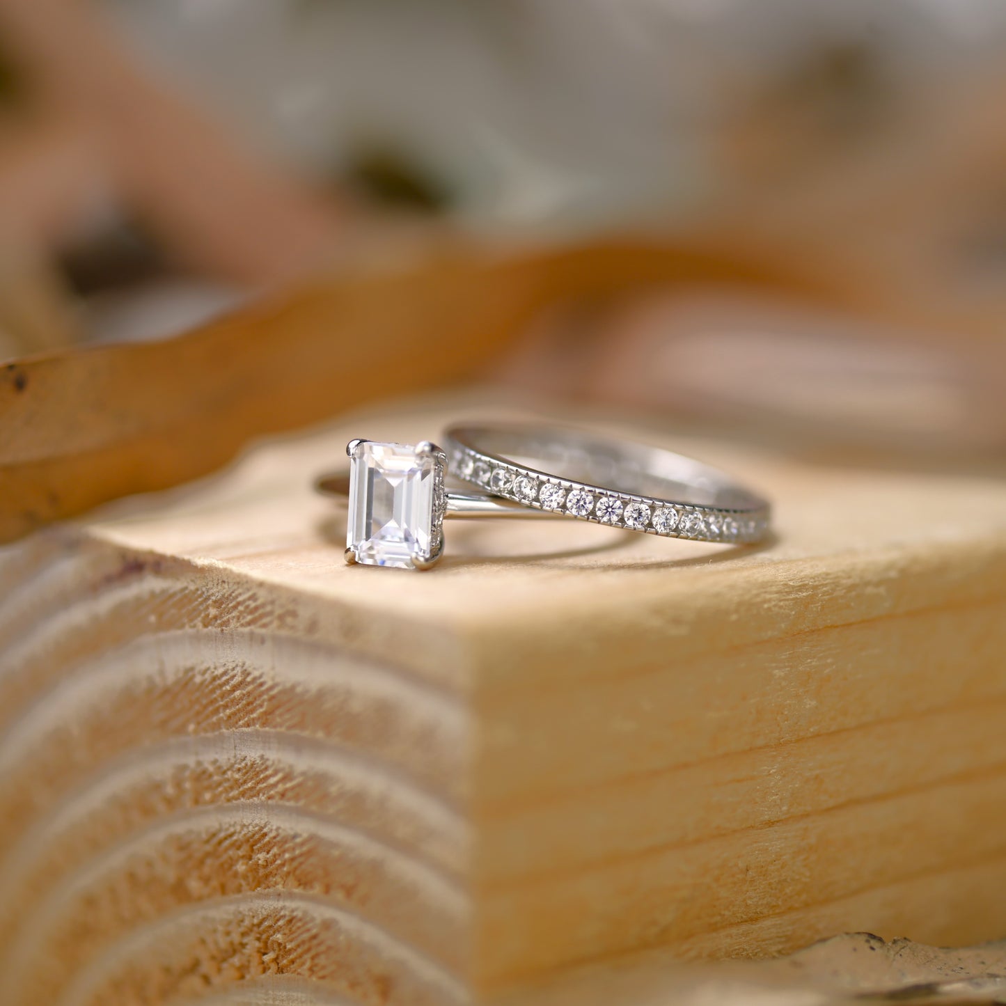 0.75Ct Silver Emerald Cut Gemstone Wedding Ring Set