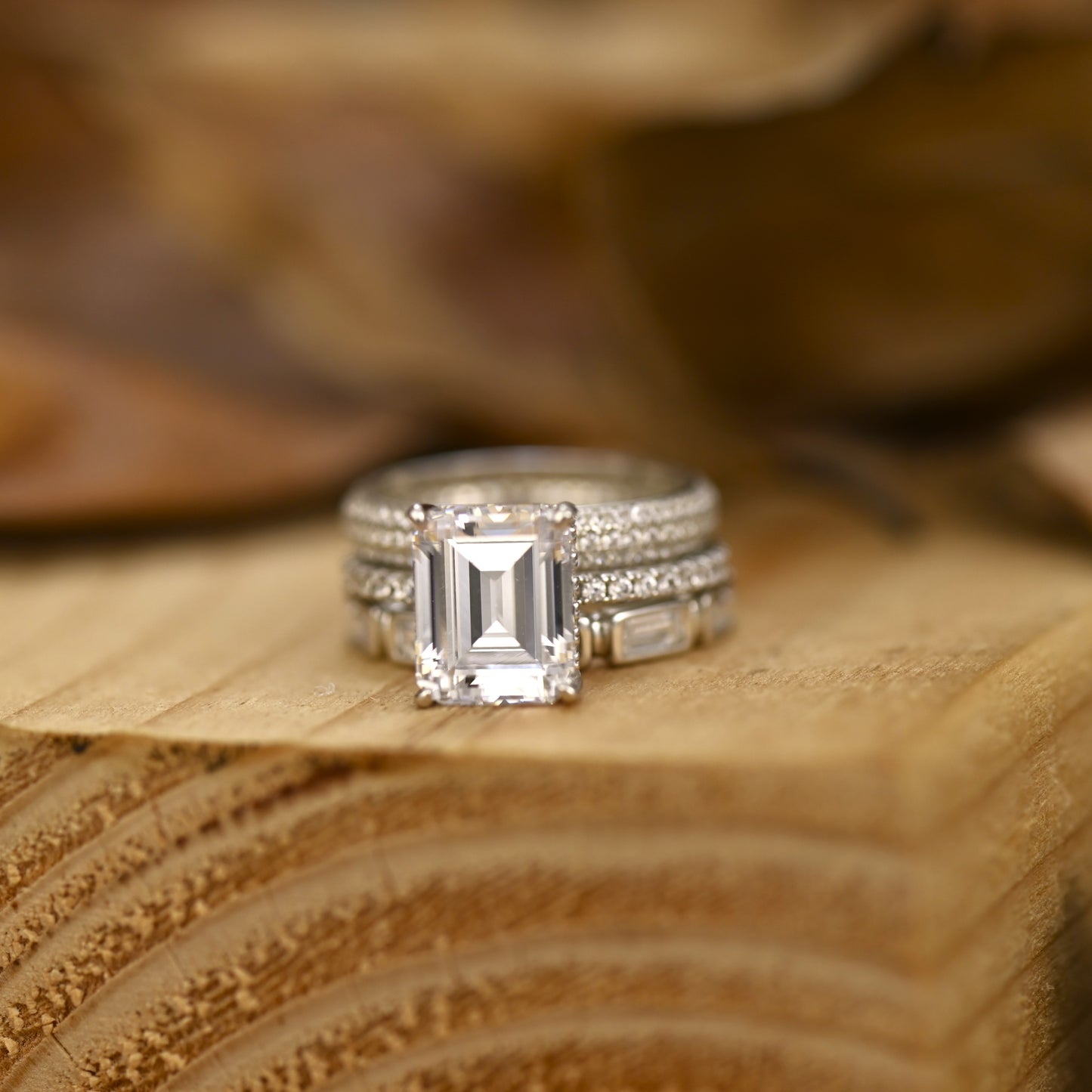 3.25Ct Dainty Emerald Cut Diamond Engagement Ring Set