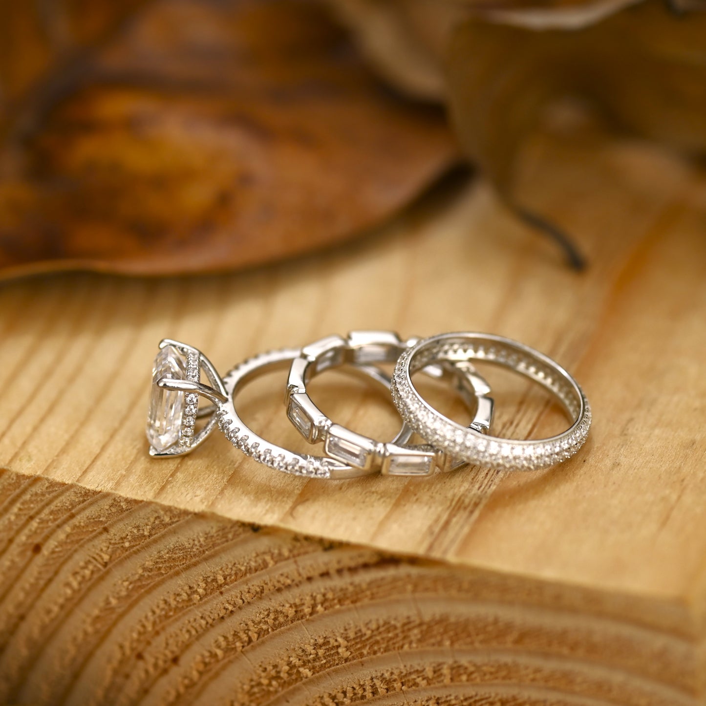3.25Ct Dainty Emerald Cut Diamond Engagement Ring Set