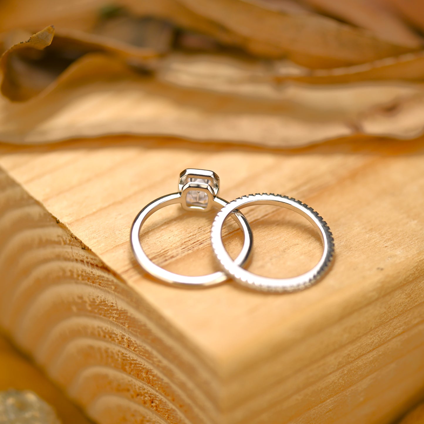 1.25Ct Silver Emerald Cut Diamond Engagement Ring Set