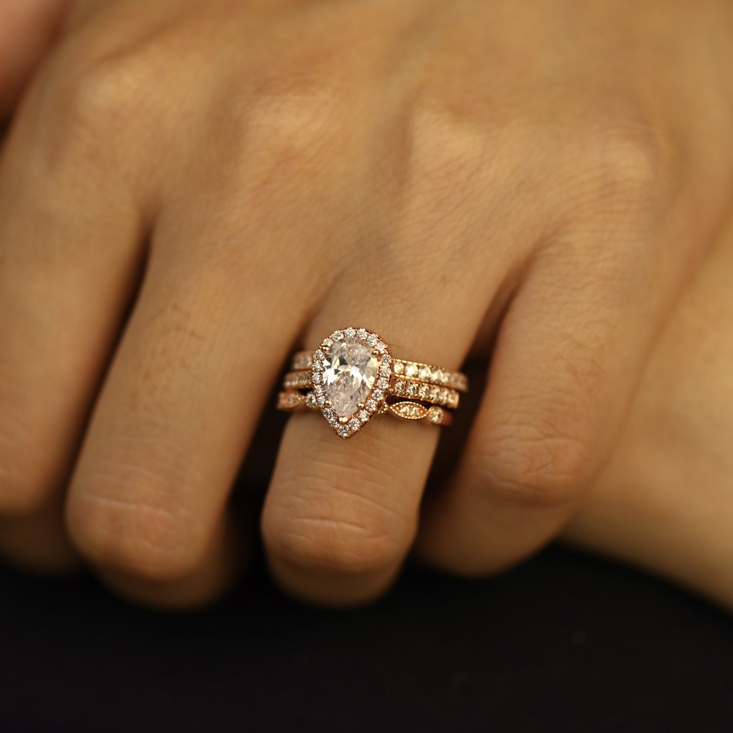 2.75Ct Pear Shape Rose Gold Wedding Ring Set
