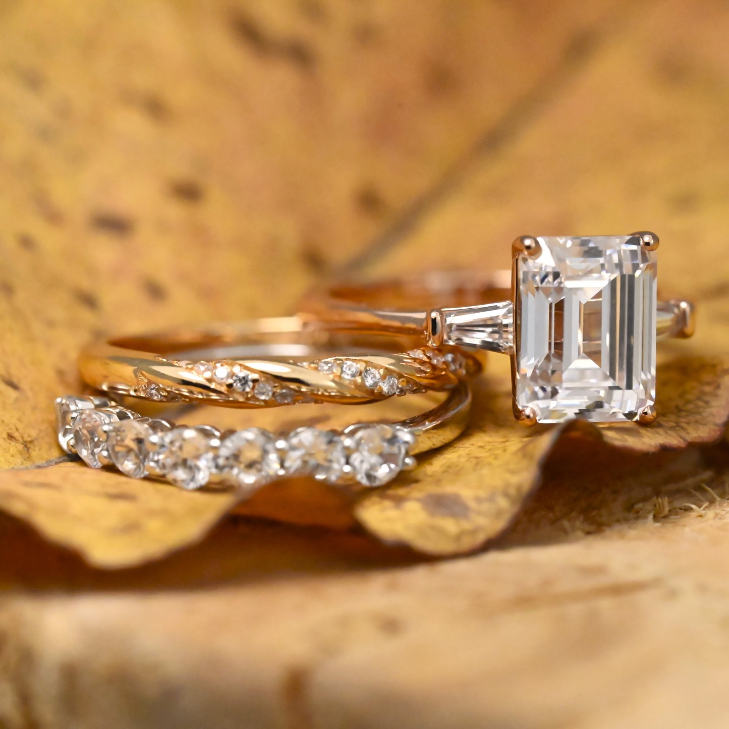 2.25Ct Rose Gold Emerald Cut Wedding Ring Set