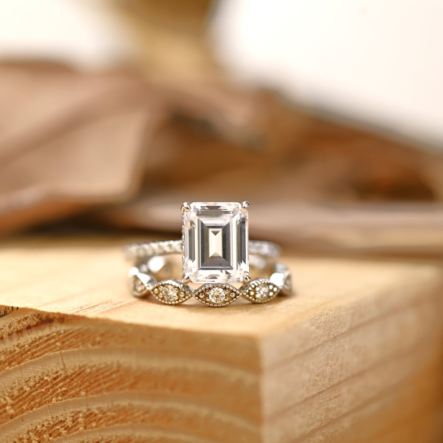 3.75CT Emerald Cut Diamond Ring Set