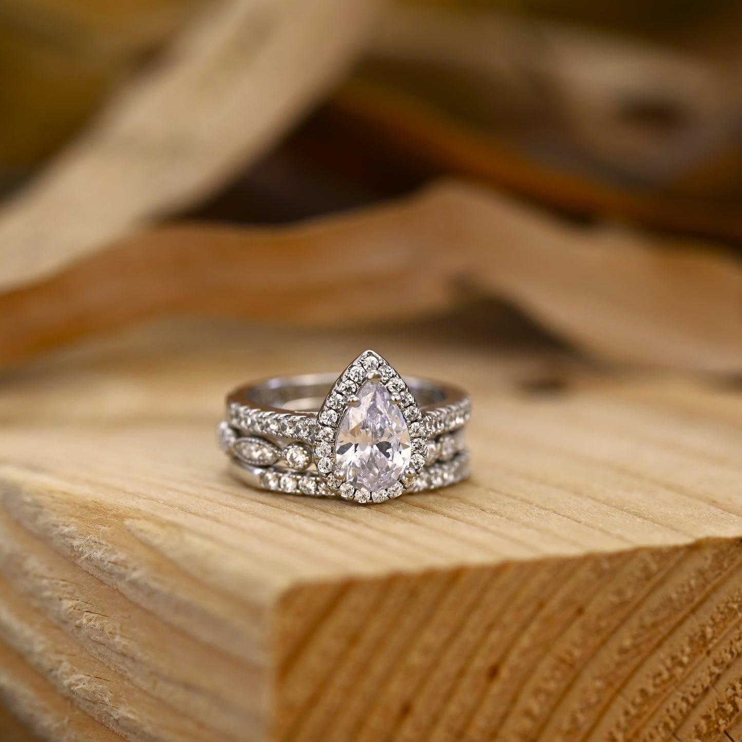 2.75Ct Silver Pear Shape Diamond Wedding Ring Set