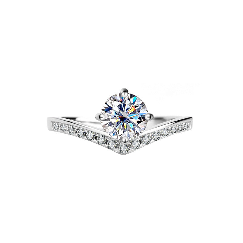 1.75Ct Round Cut V-Shape Moissanite Engagement Ring,