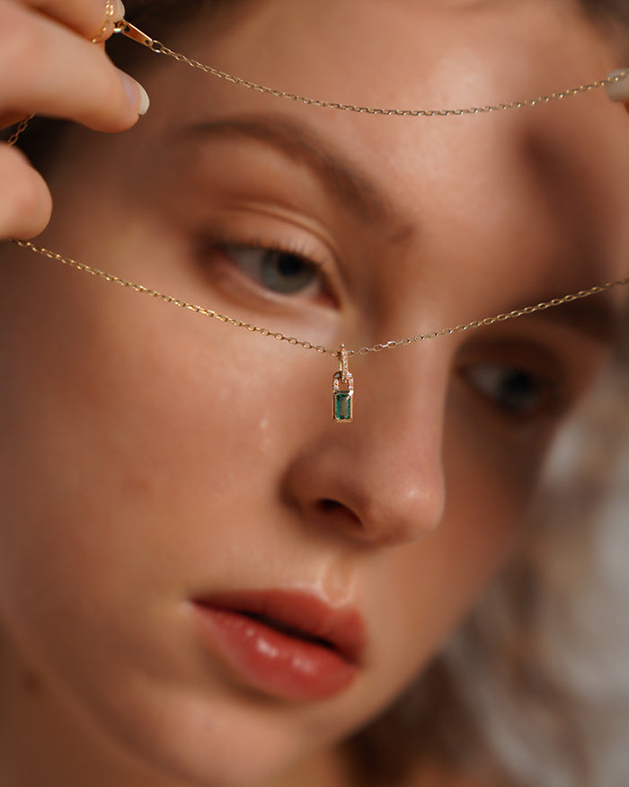 14K Gold Malachite Diamond Lock Necklace