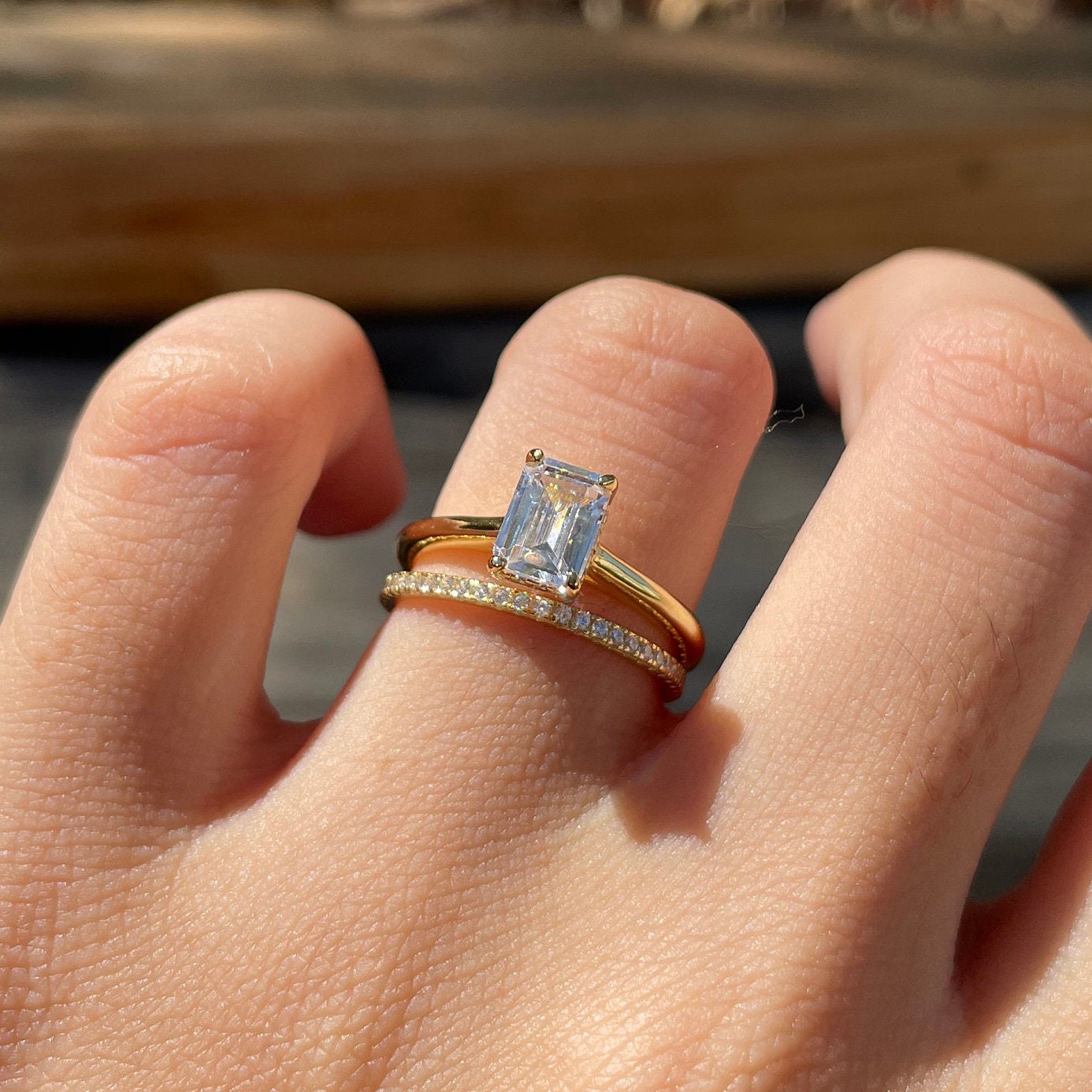 0.75Ct Yellow Gold Emerald Cut Engagement Ring Set