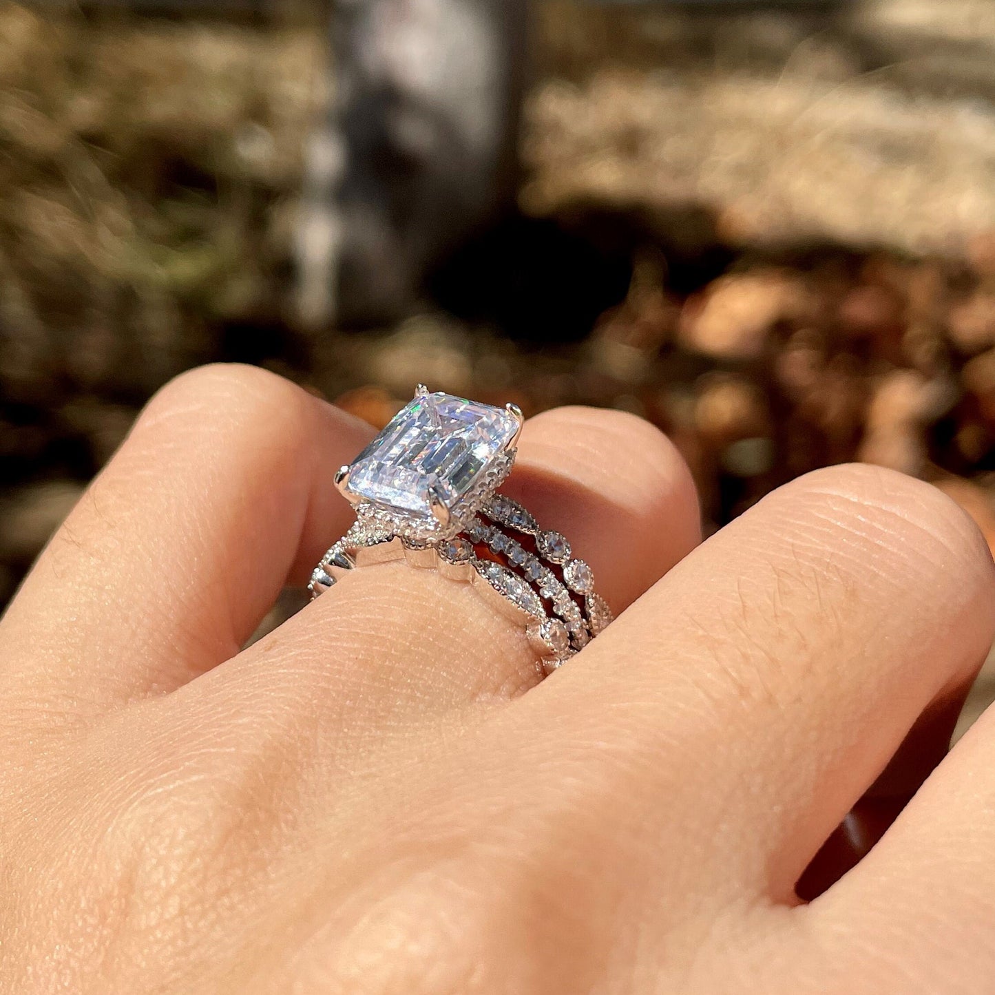 3.75Ct Emerald Cut Diamond Engagement Ring Set