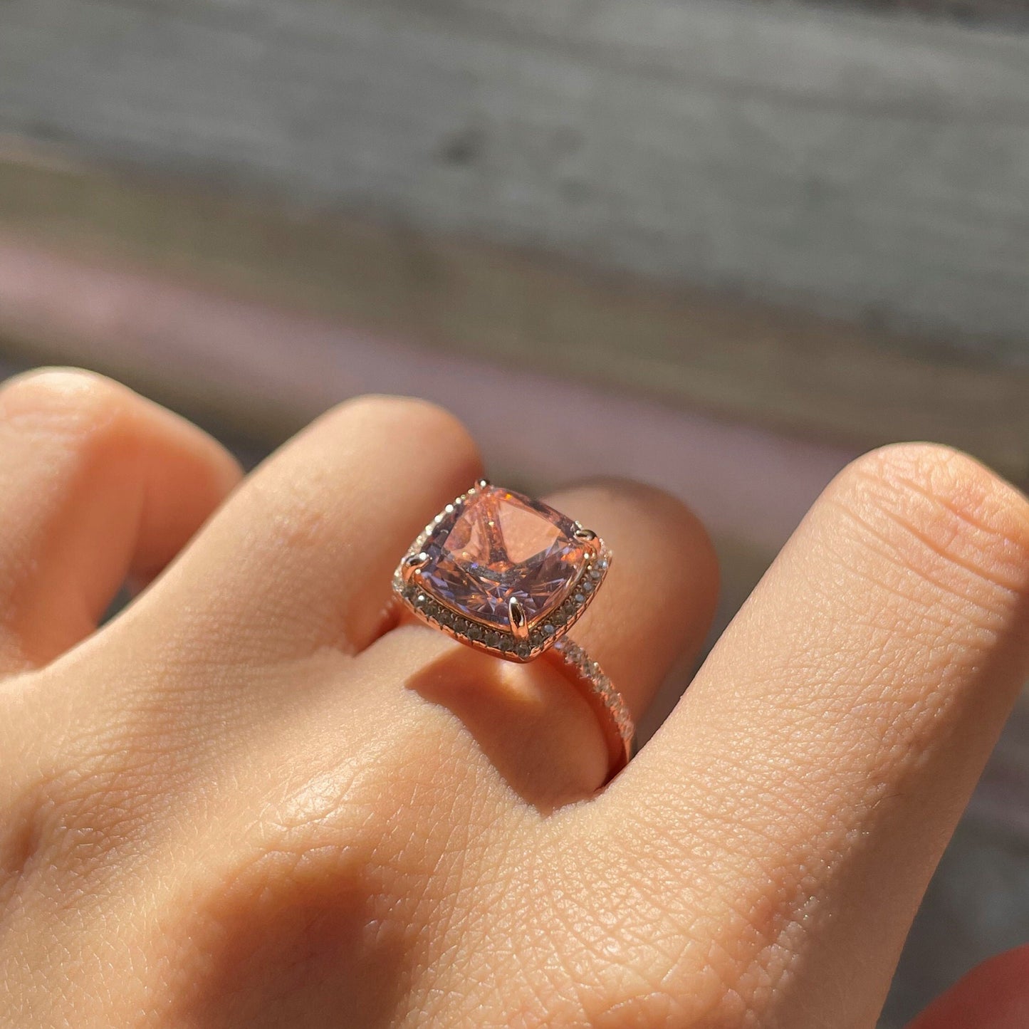 4Ct Rose Gold Halo Cushion Cut Pink Gemstone Bridal Ring