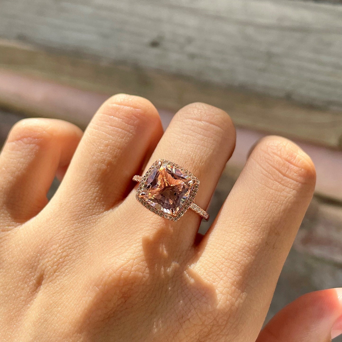 4Ct Rose Gold Halo Cushion Cut Pink Gemstone Bridal Ring