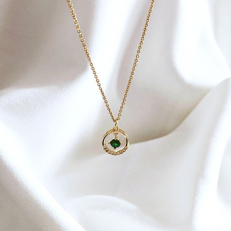 14K Gold Malachite Halo Crystal Pendant Necklace