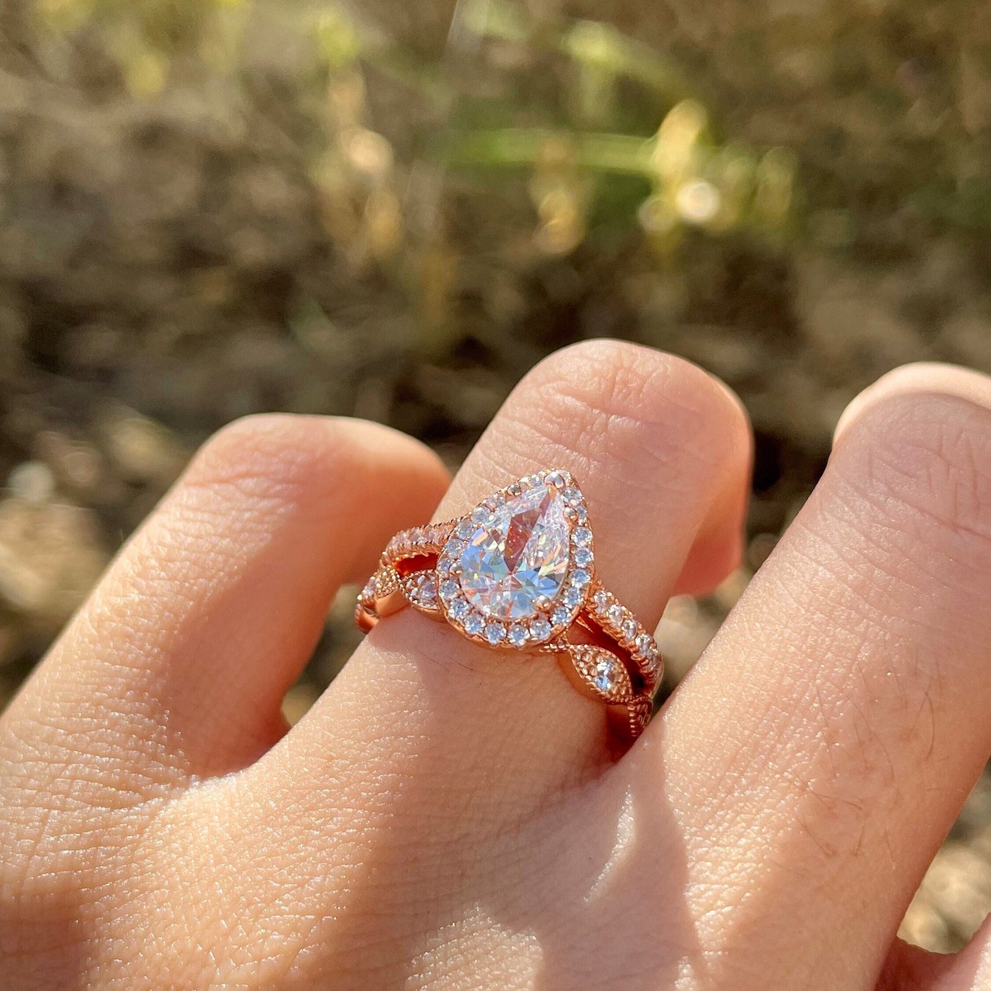 2.25Ct Rose Gold Pear Shape Diamond Wedding Rings Set