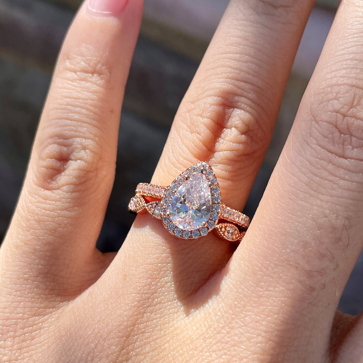 2.25Ct Rose Gold Pear Shape Diamond Wedding Rings Set