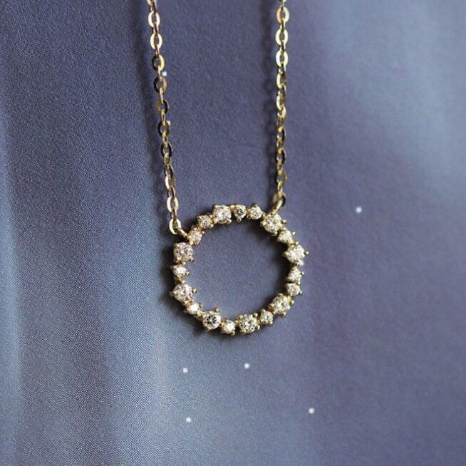 14K Gold Circle Eternity Halo Diamond Necklace