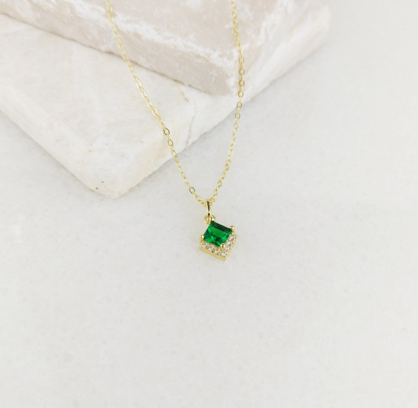 14K Gold Princess Cut Malachite Pendant Necklace