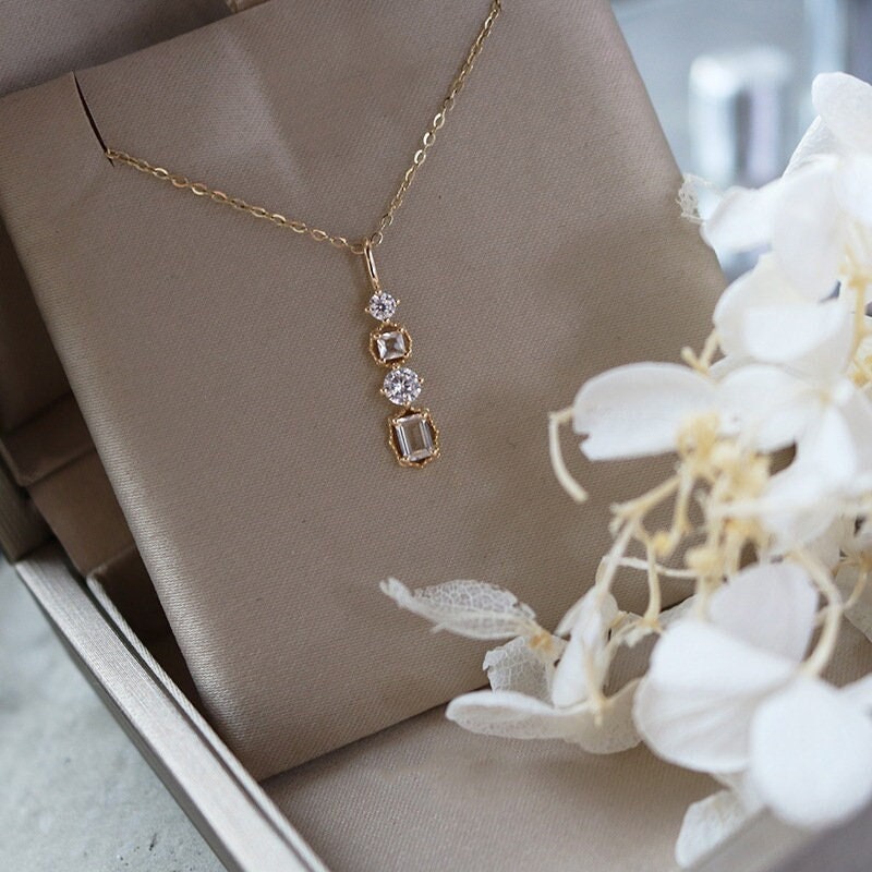 14K Gold Emerald Cut Diamond Bridal Shower Necklace
