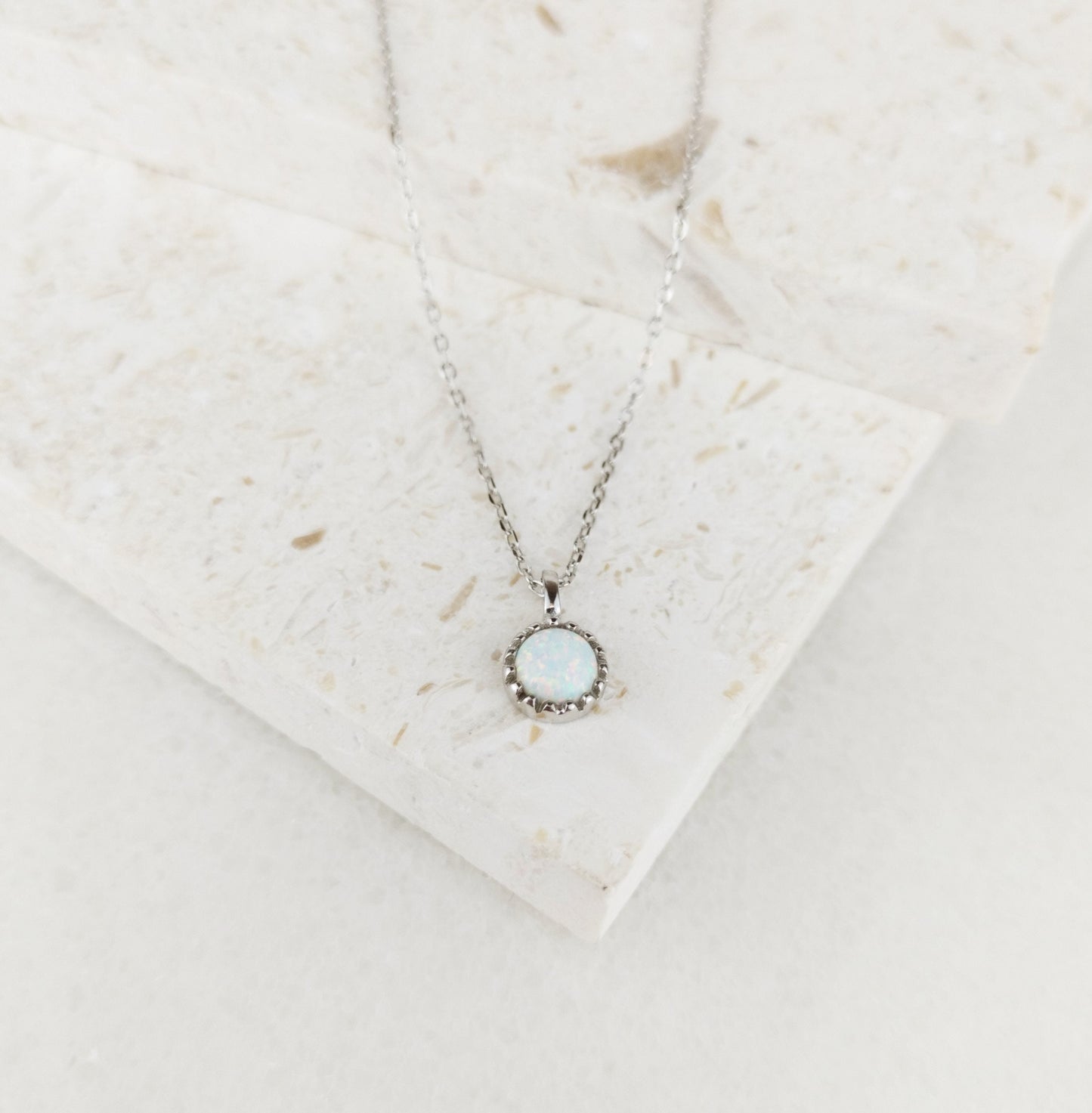 14K White Gold Round Opal Pendant Necklace