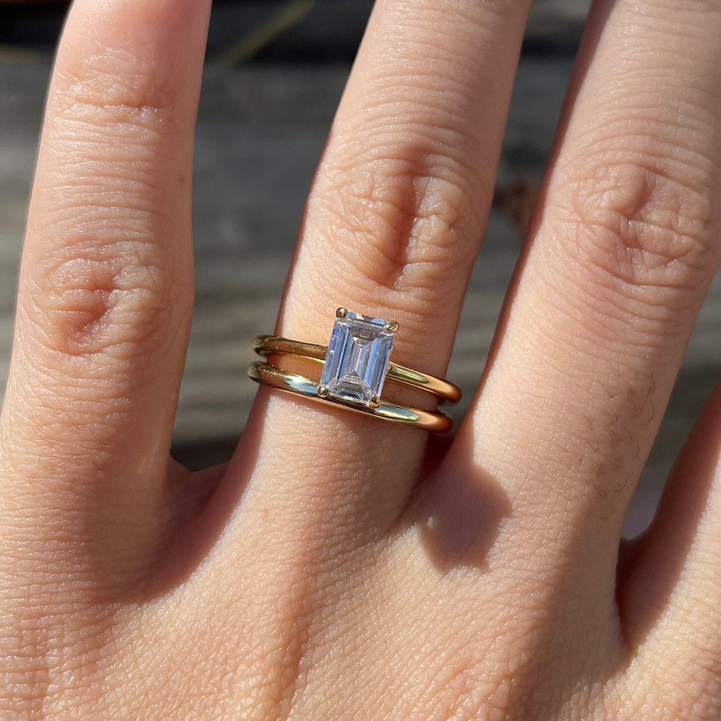 0.75Ct Gold Solitaire Emerald Cut Diamond Engagement Ring Set