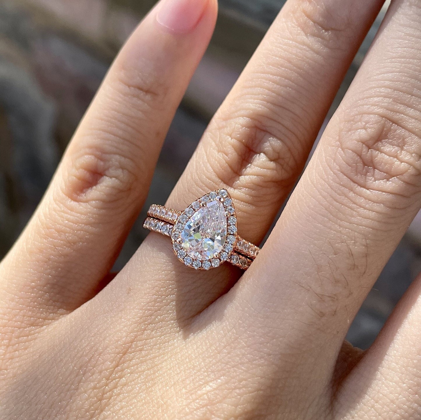 2.25Ct Rose Gold Pear Cut Diamond Wedding Ring Set