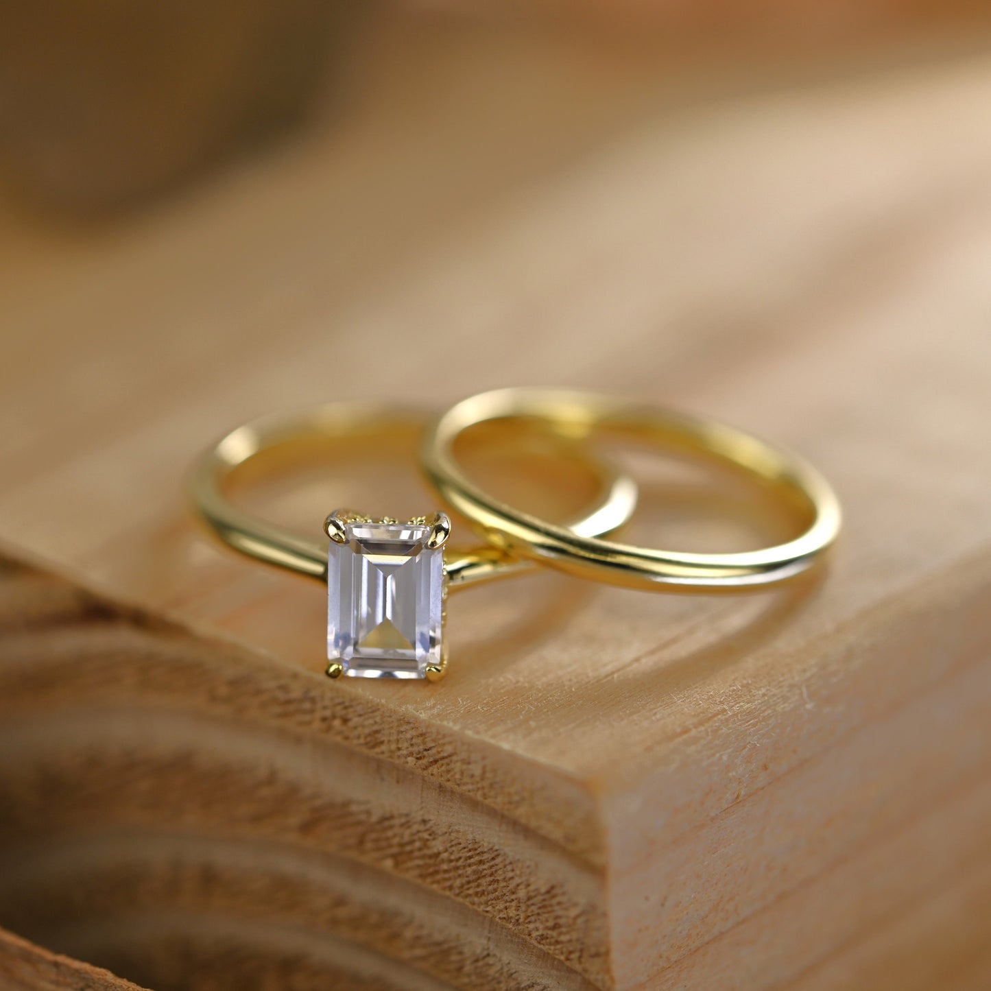 0.5Ct Golden Solitaire Emerald Cut Diamond Engagement Ring Set