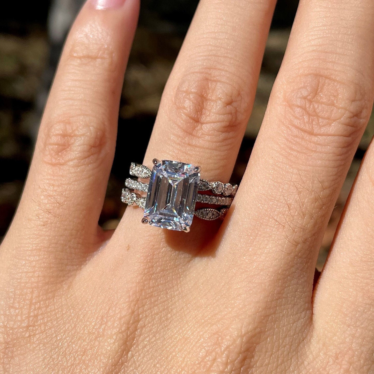 3.75Ct Emerald Cut Diamond Engagement Ring Set