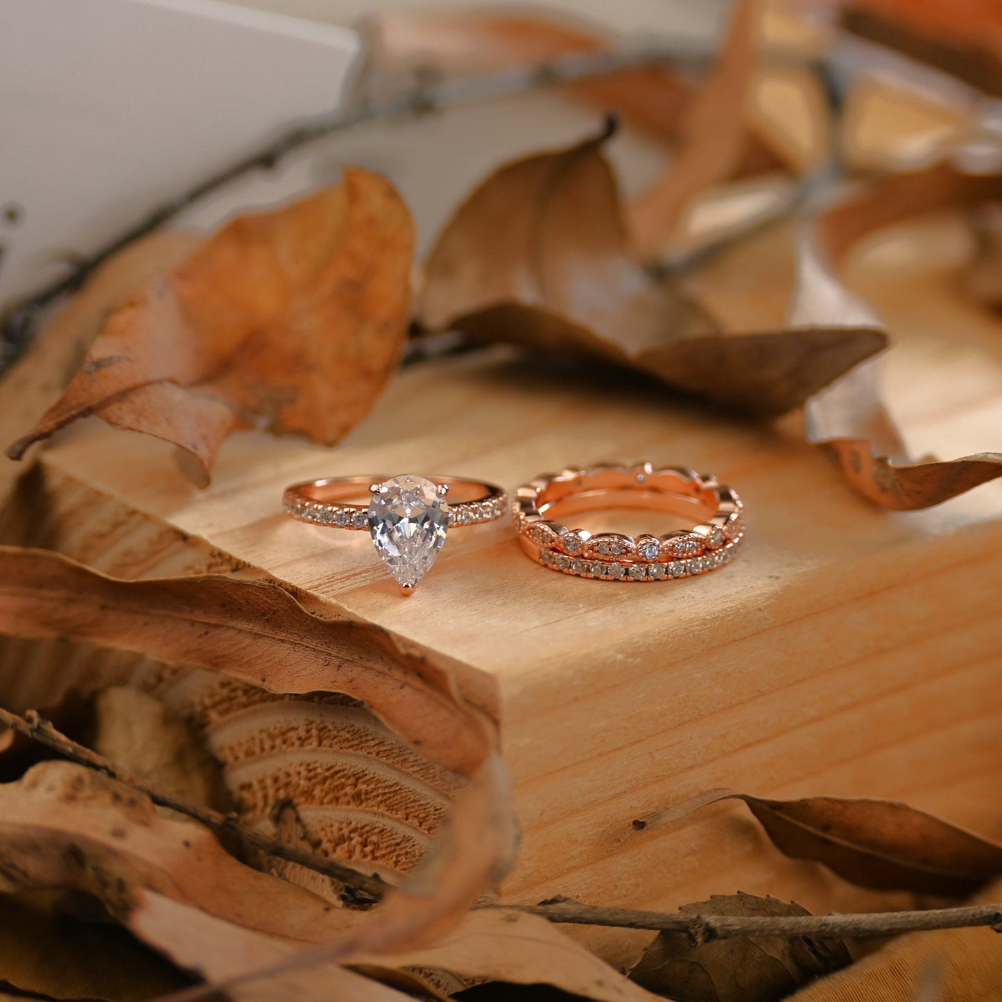 2Ct Pear Shape Rose Gold Diamond Wedding Ring Set