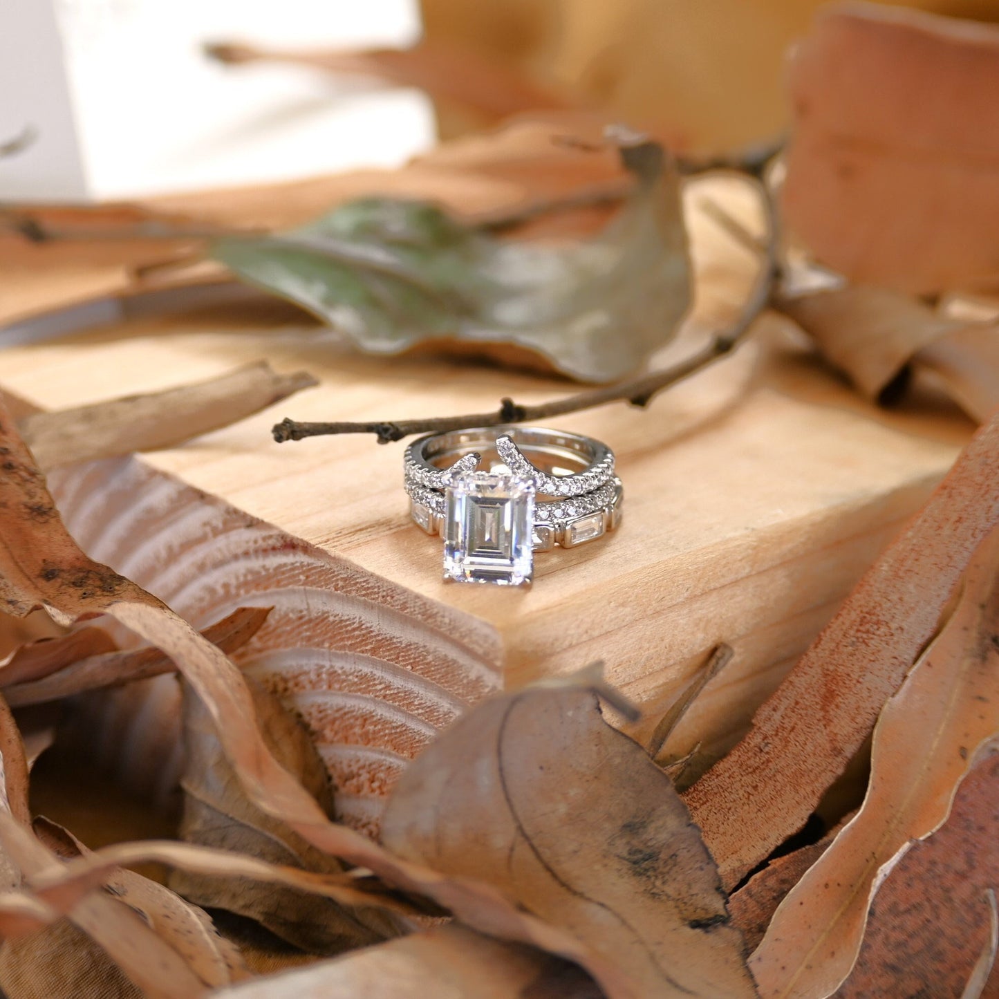 3.25Ct Emerald Cut Diamond Engagement Ring Set